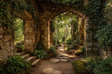 Obraz premium Sunlit stone arches, overgrown with greenery, lead through a garden