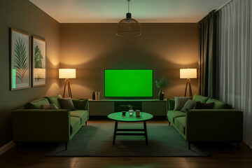 Modern living room with green screen tv and cozy ambiance