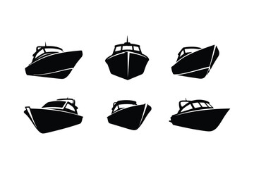 Six black silhouette motorboats shown from different angles on a white background yacht ship