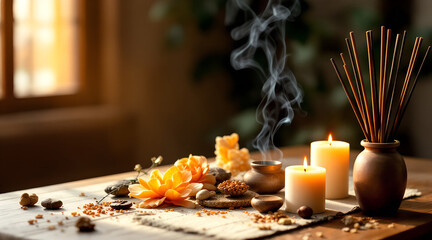 Serene spa setup with candles incense and flowers on wooden table
