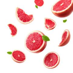 Pink Grapefruit Slices Falling, Dark Background, Food Photography, Healthy Eating