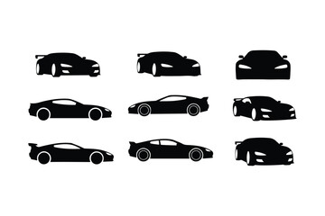 Nine black sports car silhouettes viewed from different angles automobile vehicle