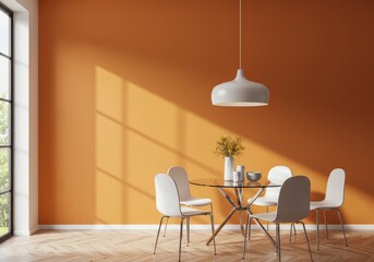 Interior of a dining room with orange walls and a glass table with white chairs and a hanging lamp