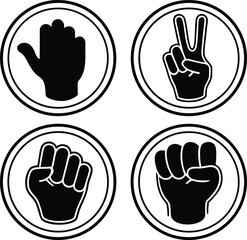Four black hand gesture icons in circular frames on white background symbol