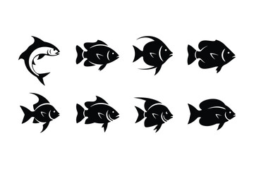 Eight black silhouette fish icons on white background vector