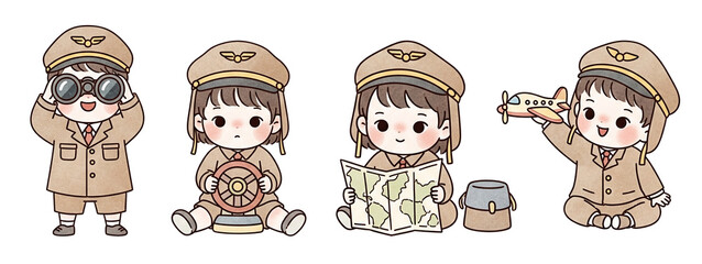 A series of cute cartoon children dressed as pilots, engaging in various aviation-related activities.