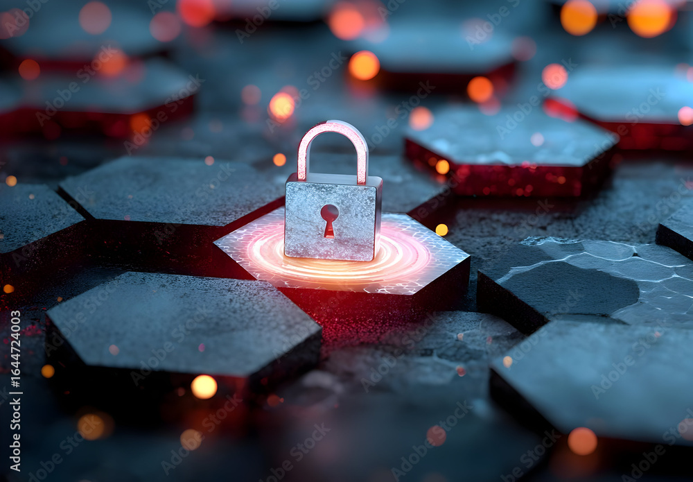 Poster a modern padlock sits on a hexagonal surface glowing with digital energy, representing cybersecurity