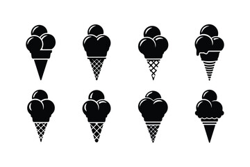 Set of eight black ice cream cone icons with various cone textures and scoop arrangements frozen dessert