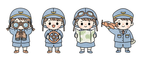 Four cute cartoon characters in blue attire, each depicting different travel-related activities like exploring, navigating, and piloting.