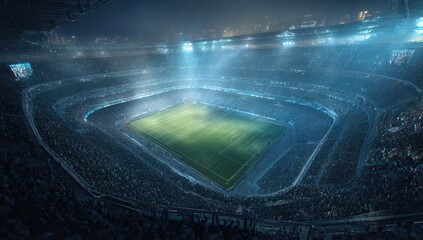 Nighttime sports stadium, filled with fans.  High-angle view of a large, modern arena, lit by stadium lights.  A grassy soccer field is center-stage, surrounded by packed spectator seating