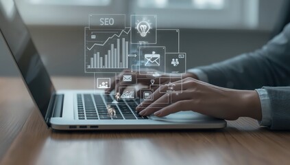 Person typing on a laptop with seo and business icons overlayed on the screen and the keyboard area