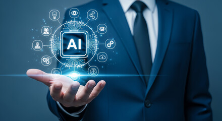 Man in suit presenting ai technology concept on his open hand palm