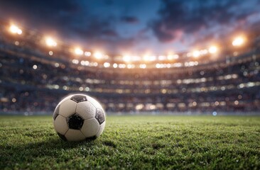Soccer ball on a field at night, stadium in background