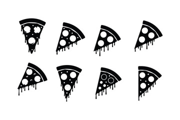 Eight black pizza slices with dripping cheese on white background food italian