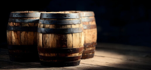Three rustic wooden barrels bathed in soft light, showcasing detailed craftsmanship. Perfect for themes of aging, storage, and traditional craftsmanship.