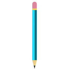Flat cyan pencil vector with pink eraser, yellow band, and pointed graphite tip, ideal for educational, office, or art designs.