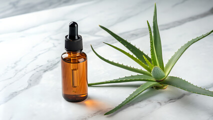Fototapeta premium Aloe vera plants and amber glass dropper bottles on marble surface