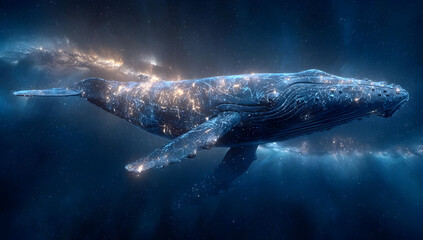 Fototapeta premium A majestic whale gracefully swims through shimmering waters, illuminated by ethereal lights, showcasing the beauty of marine life in tranquil depths.