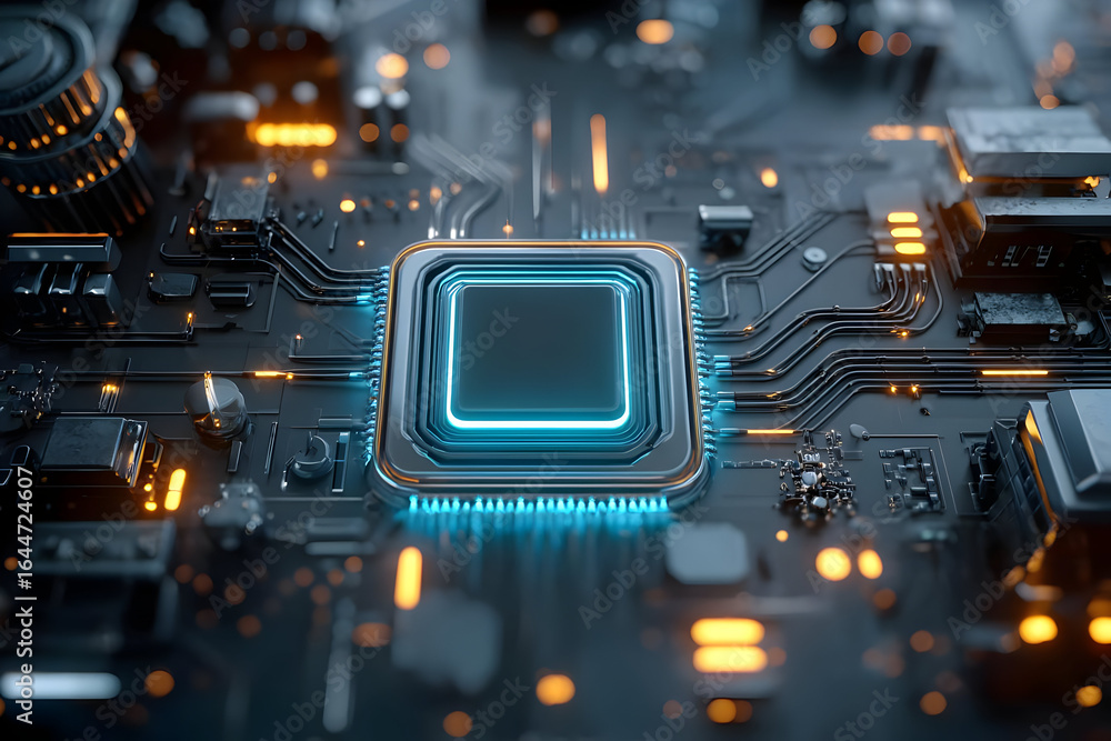 Poster close-up view of a microprocessor on a circuit board, showcasing intricate details, glowing lights, 