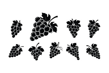 Black silhouette grape clusters with leaves on white background grapes bunch
