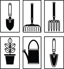 Six black and white icons of gardening tools and plants on a white background shovel rake