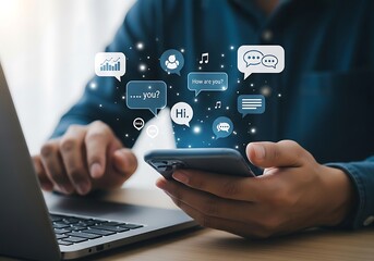 Seamless digital communication and online interaction through mobile technology. A user engages with social networks, instant messaging, and business applications on a smartphone, connecting globally.