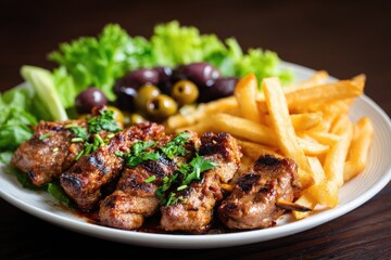 Grilled skewers of meat, garnished with herbs, served with french fries and olives