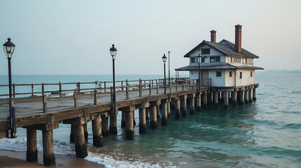 Peaceful view of an ancient wooden pier on calm water