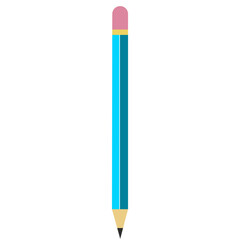 Flat vector illustration of cyan blue pencil with pink eraser and sharpened tip, simple stationery design for school, office, and creative projects.