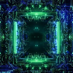 Obraz premium pulsating cybernetic circuits in neon green and electric blue framed by a hightech digital border futuristic and captivating