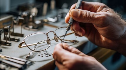 工具とネジで眼鏡をメンテナンスする手元