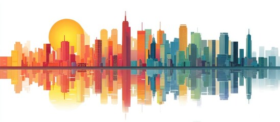 Colorful city skyline reflected in calm water at sunrise, depicted in a stylized, flat design with a large yellow sun