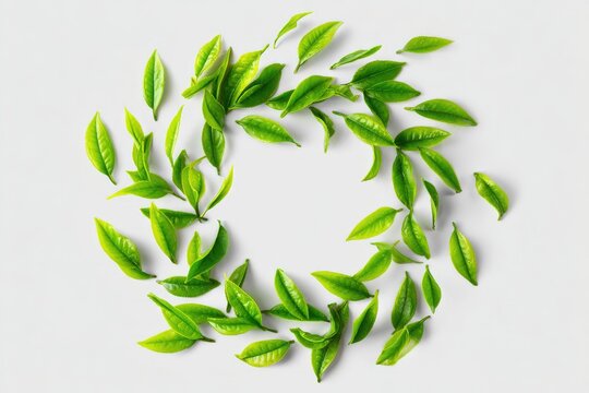 Fresh green tea leaves arranged in a circular frame