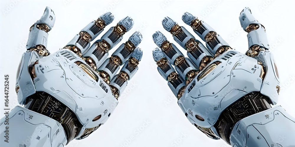 Poster futuristic robotic hands open in a welcoming gesture, showcasing intricate mechanical details and ad