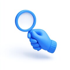 A light-blue hand, in a 3D style, holds a light-blue magnifying glass against a white background. The hand is depicted in a  slightly angled  position, and the magnifying glass is centered