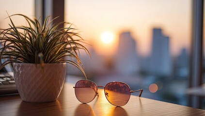 Sunset-hued sunglasses rest on a wooden desk beside a small potted plant, a blurred cityscape backdrop at golden hour