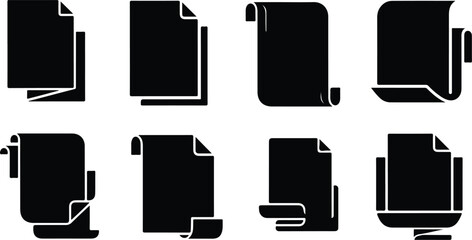 Black paper document icons with curled corners and layered effects white background