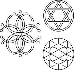 Three abstract geometric line art symbols on white background black and white