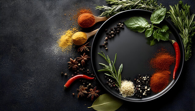 A vibrant assortment of spices and herbs arranged in an elegant circular display on a dark surface, perfect for culinary inspiration and food photography.