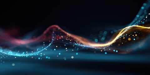 Abstract digital wave of glowing particles in dark space