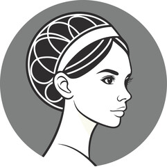 Stylized black and white profile illustration of a woman with intricate hair design head face