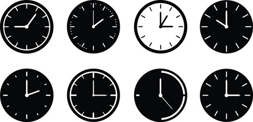 Eight black and white clock faces showing different times watch dial
