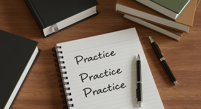 Practice makes perfect concept with notebook
