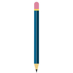 Flat vector illustration of dark blue pencil with pink eraser and sharpened tip, simple stationery design for school, office, and creative projects.