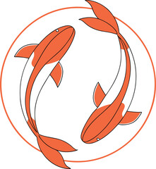 Two stylized orange and white koi fish swimming in a circle carp