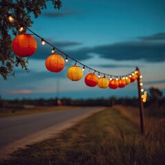 String of paper lanterns illuminated at dusk, strung between wooden posts along a rural road, casting a warm glow against a twilight sky