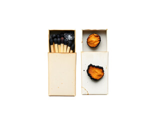 Matchbox with burnt matches, top view, on transparent background.