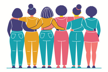 Fototapeta premium Group of Diverse Women Embracing, Showing Unity and Support from Behind View
