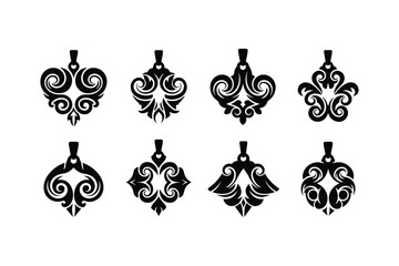 Collection of eight black ornamental pendant designs with swirling patterns curl