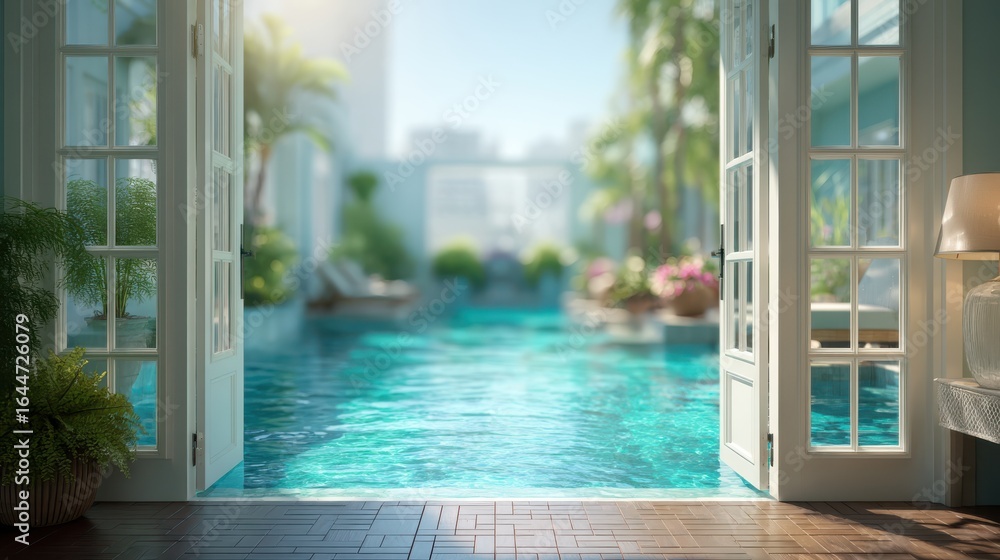 Poster a serene view of a luxurious pool through open doors, surrounded by vibrant greenery and sunlight, c